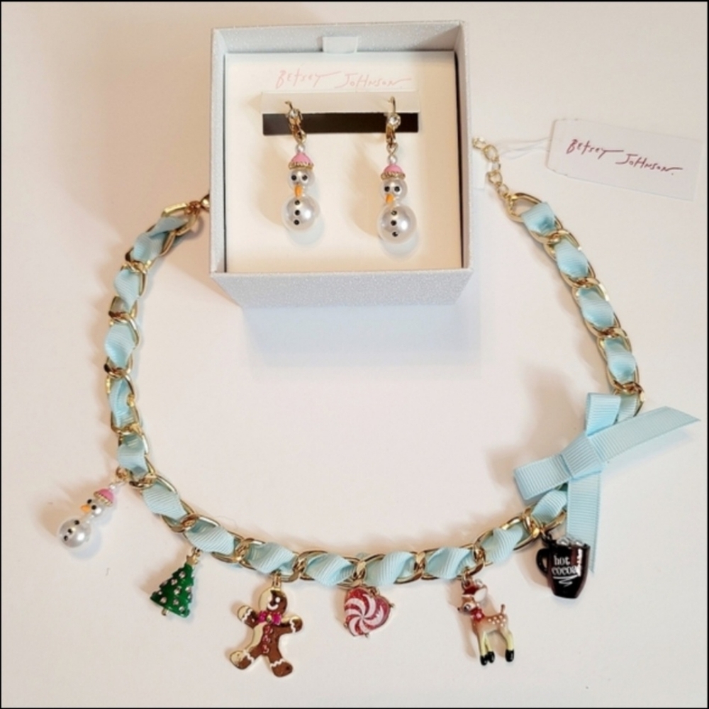 Betsey Johnson Christmas Charm Necklace AND Snowman Earrings
